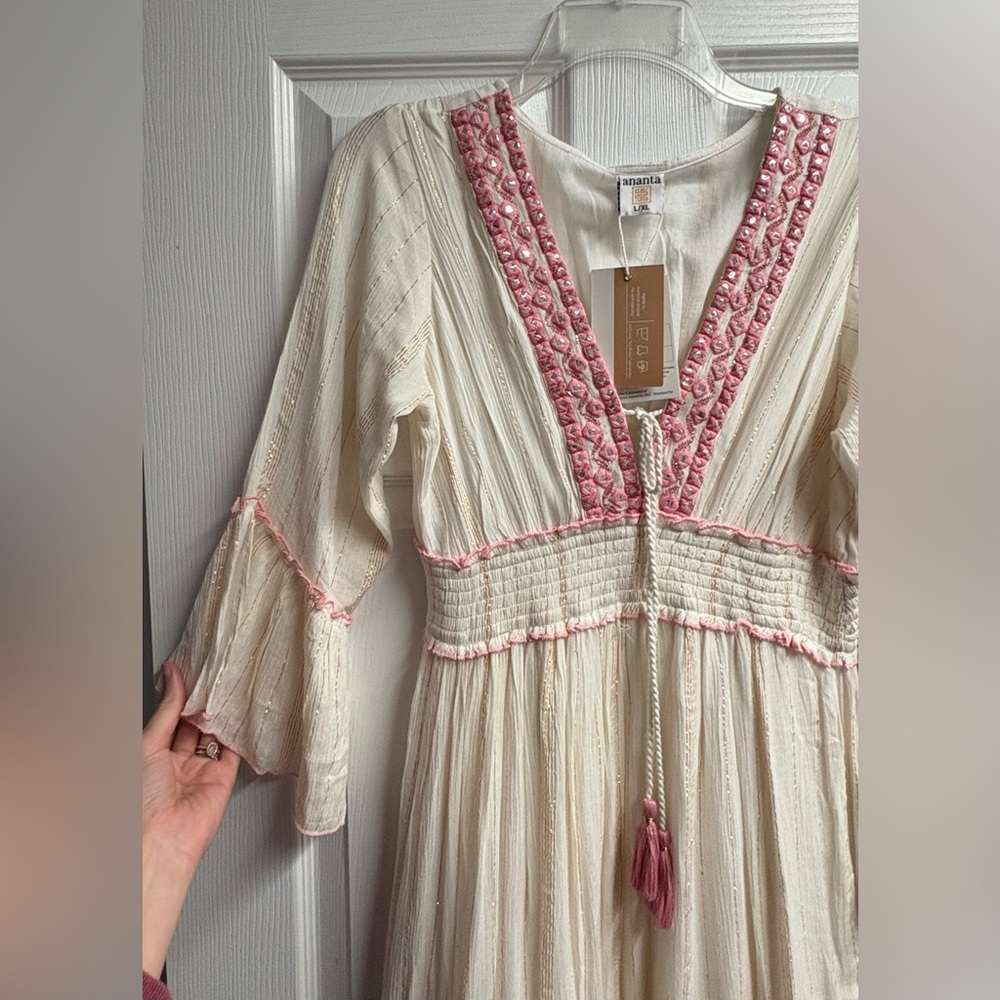 NWT Ananta Boho Maxi Dress In Pink W/ Metallic Shimmer Size Large/XL - Picture 3 of 7